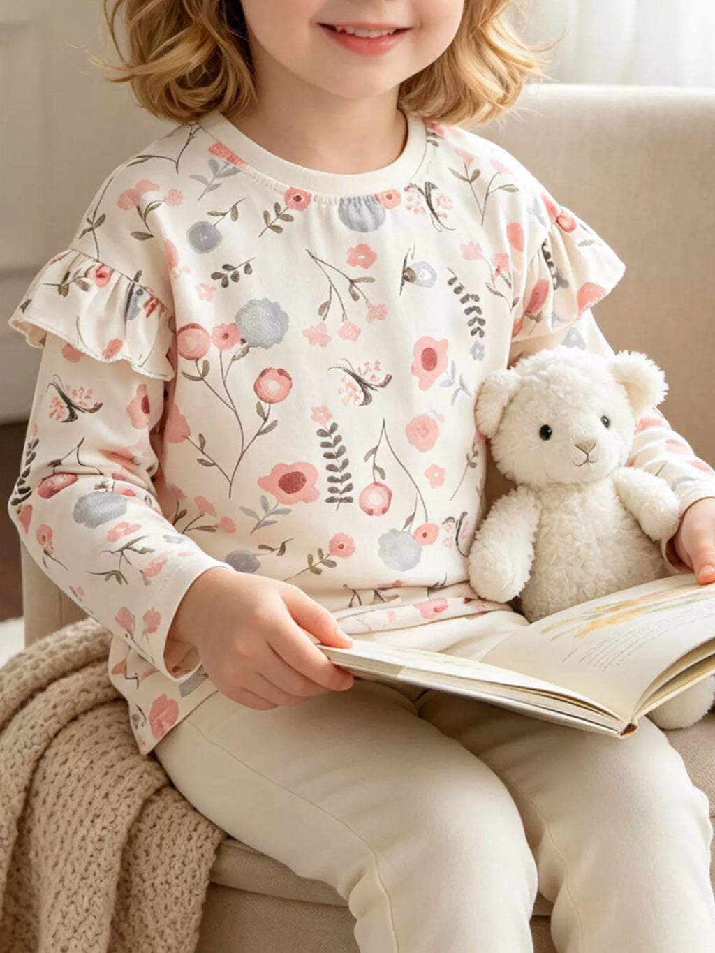 Cream floral-print sweatshirt with ruffle sleeves worn by a child