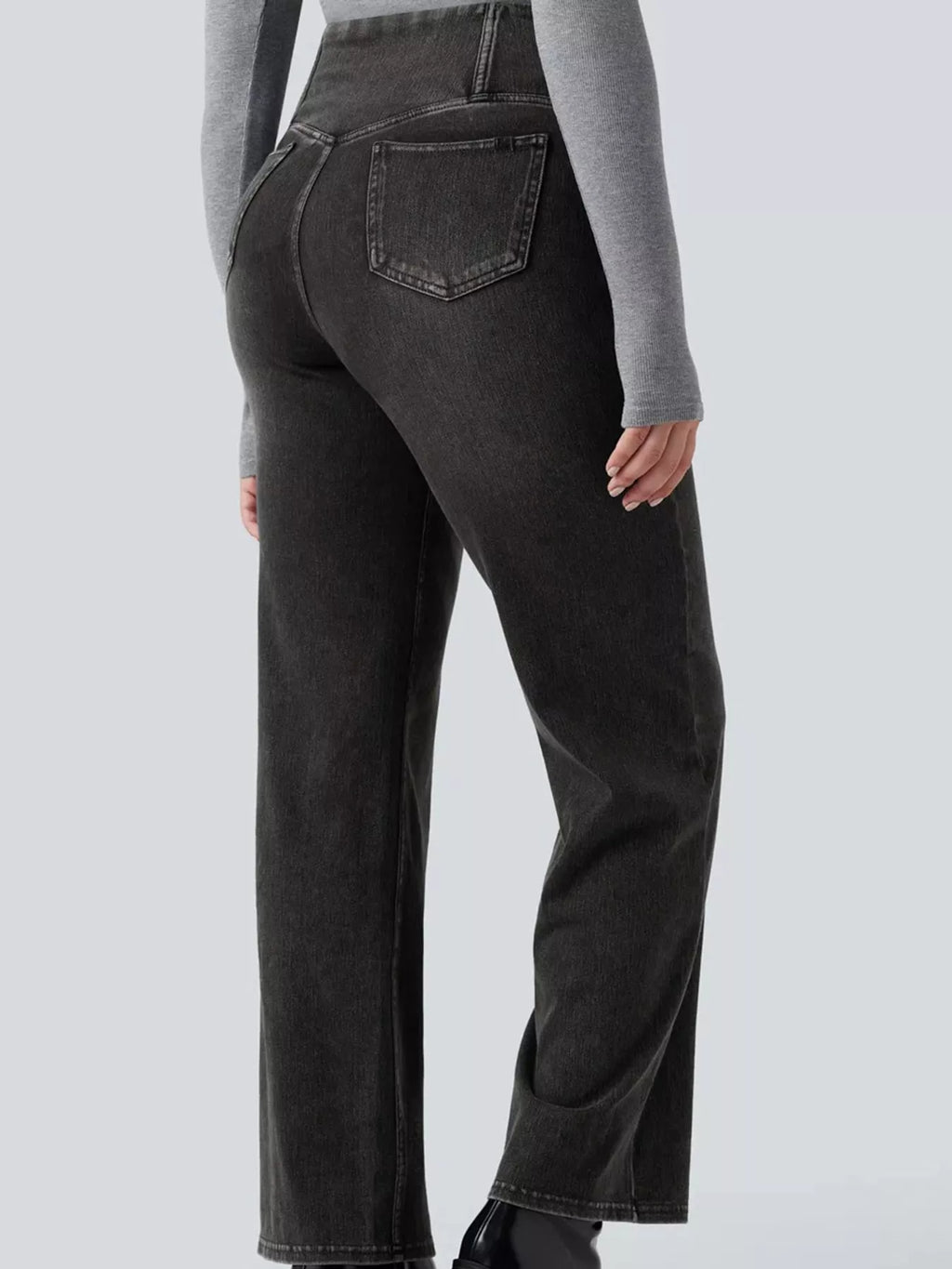 Black high-waisted crossover waistband straight-leg jeans — back view