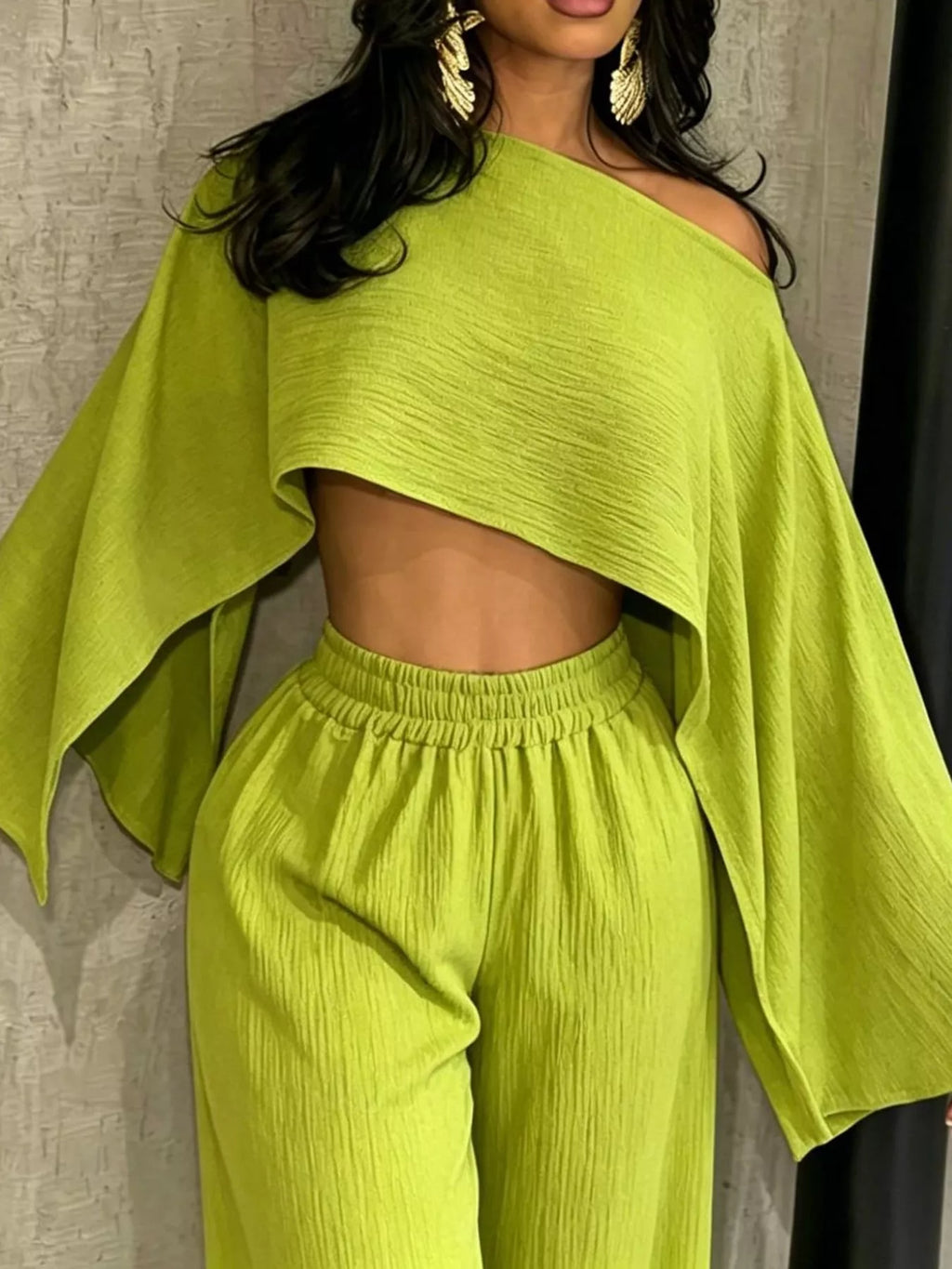 Lime green boat Neck Crop Top and Wide-Leg Pants Set — detail view