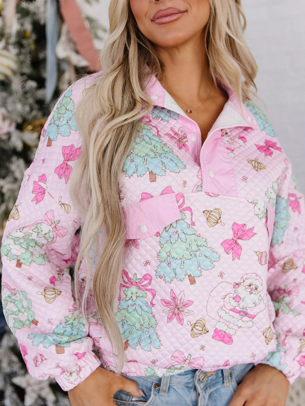 Pink christmas Print Collar Half Button Loose Sweatshirt