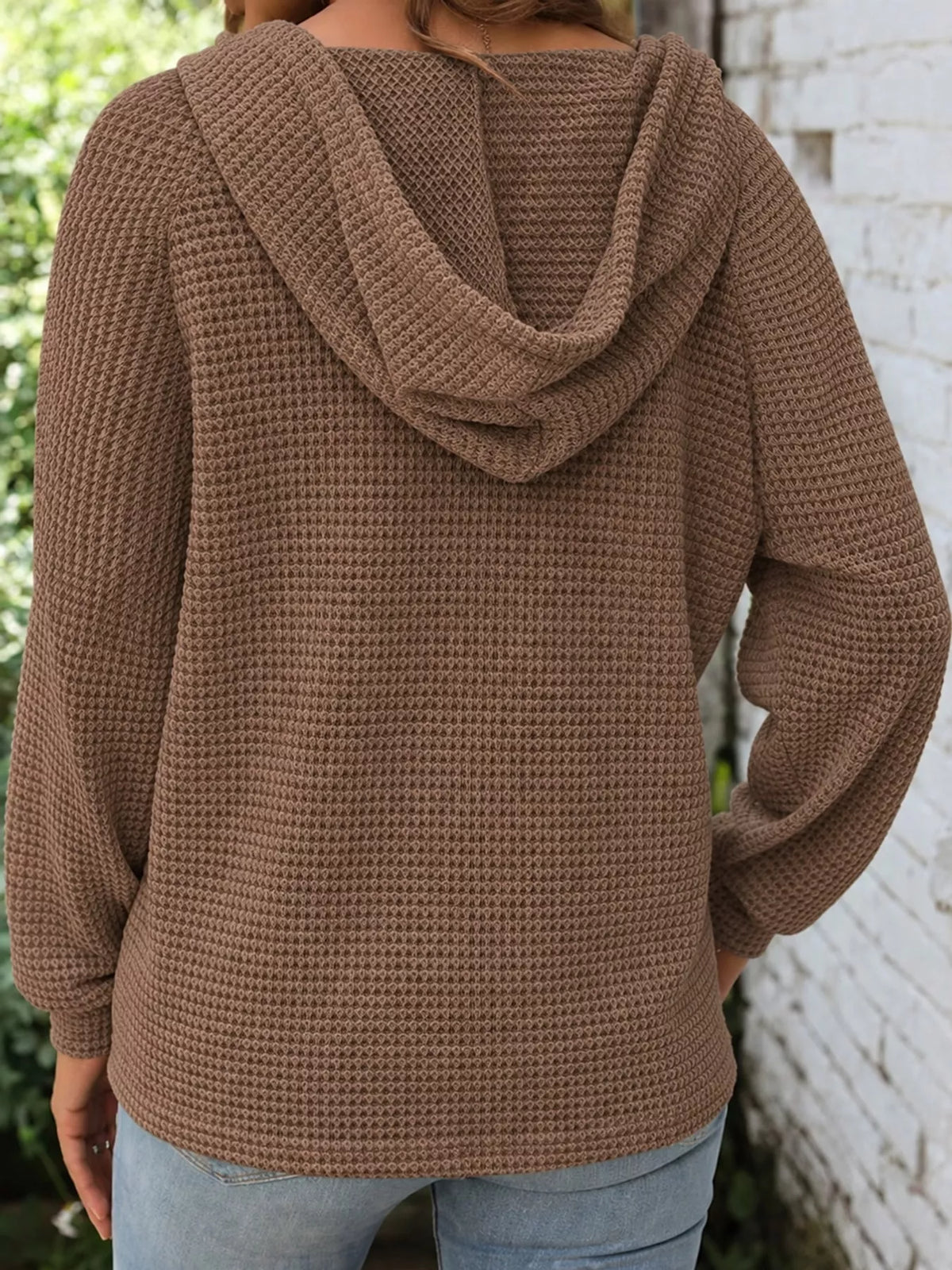 Taupe waffle Knit Button Detail Hoodie — back view