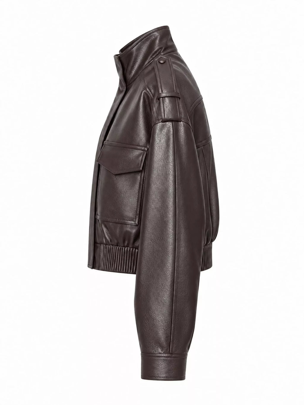 Side view of the coffee-brown faux-leather bomber jacket.
