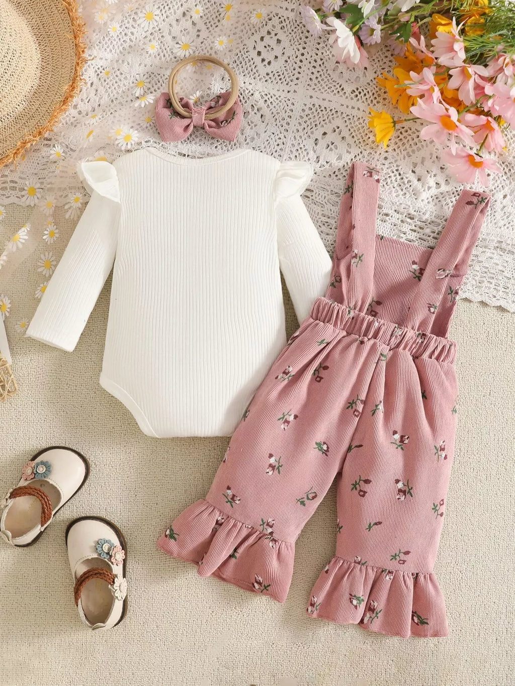White ribbed baby bodysuit with pink bow-accented overalls and matching headband displayed flat