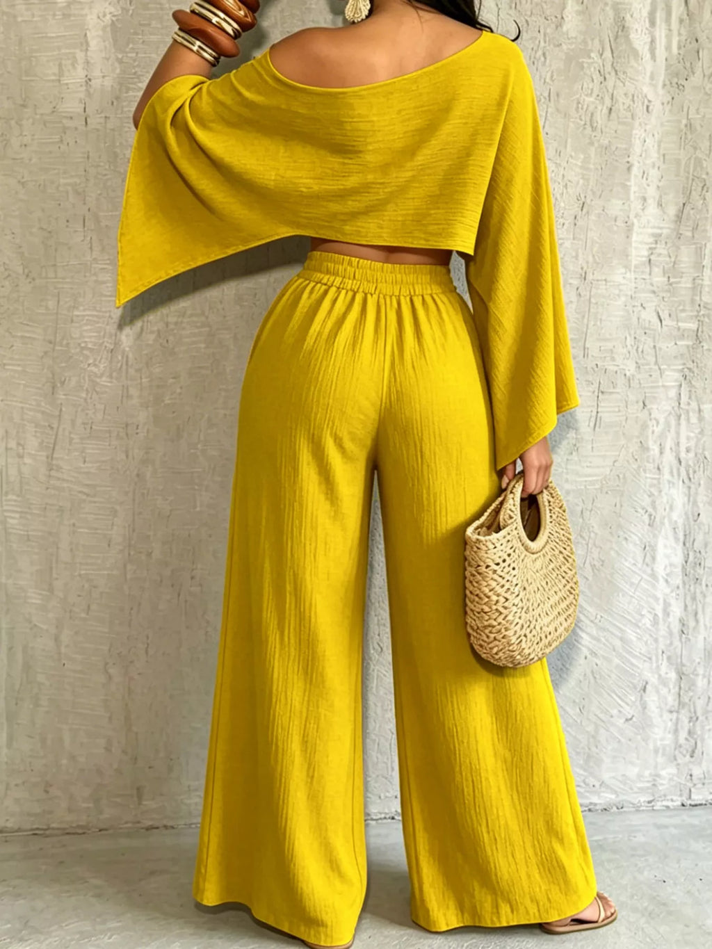 Yellow boat Neck Crop Top and Wide-Leg Pants Set — back view