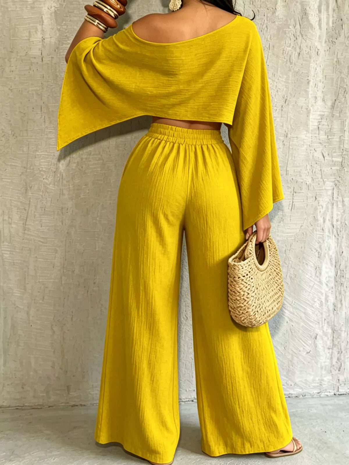 Yellow boat Neck Crop Top and Wide-Leg Pants Set — back view