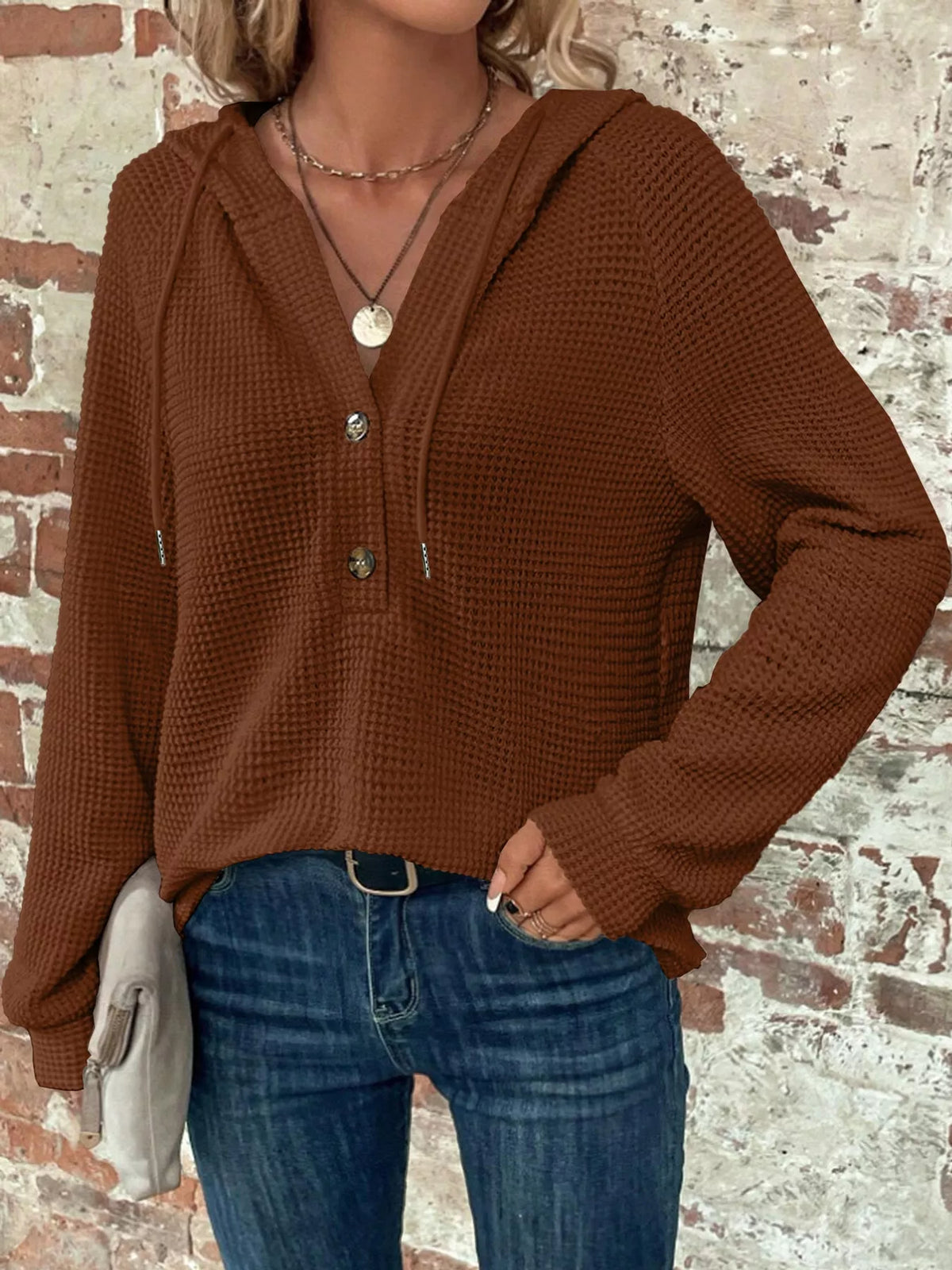 Brown waffle Knit Button Detail Hoodie
