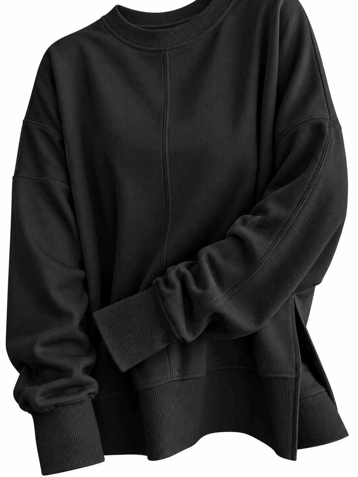 Black oversized Crew Neck Sweatshirt with Side Slit — detail view