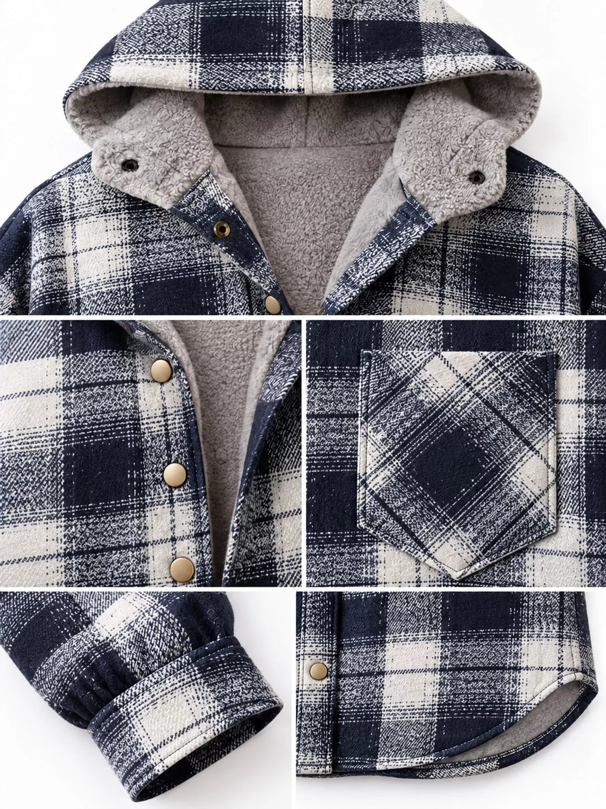 Collage of the navy plaid jacket's lining, buttons, pocket and cuff.