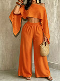 Orange boat Neck Crop Top and Wide-Leg Pants Set