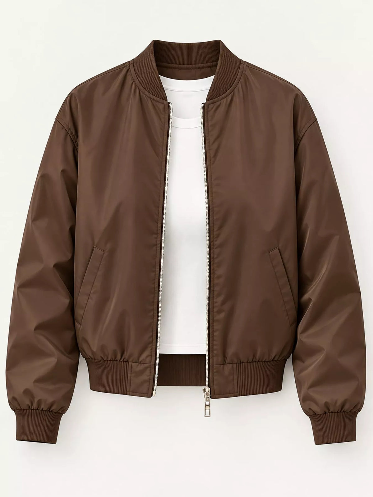 Brown zip-up bomber jacket displayed on a hanger.