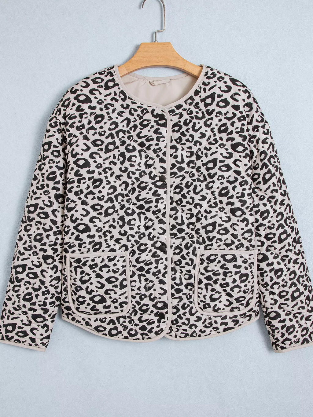 Front view of the leopard-print jacket displayed on a hanger.