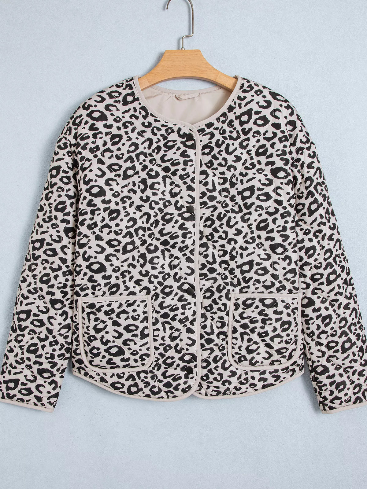 Front view of the leopard-print jacket displayed on a hanger.