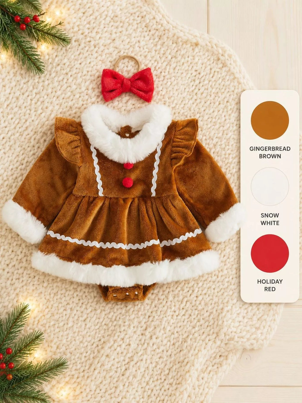 Brown gingerbread-style baby dress with white trim and red bow headband on a product display.