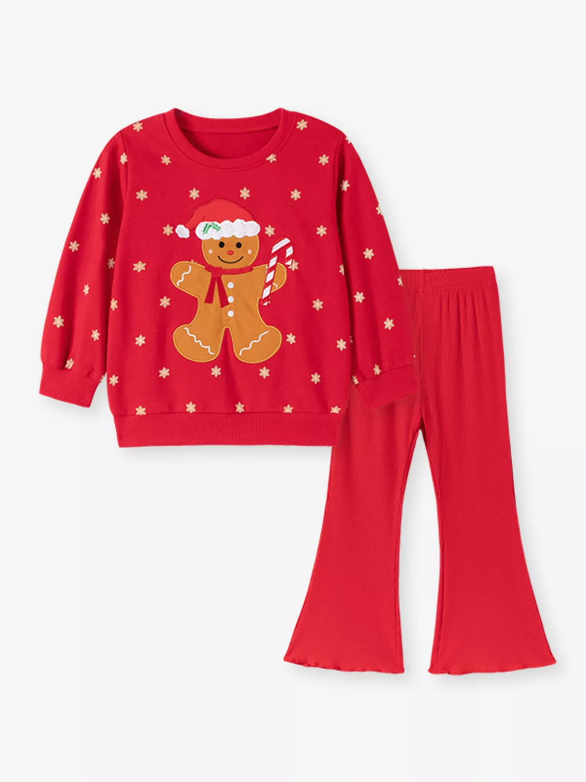 Flat lay of the red gingerbread graphic sweatshirt and red flared pants.