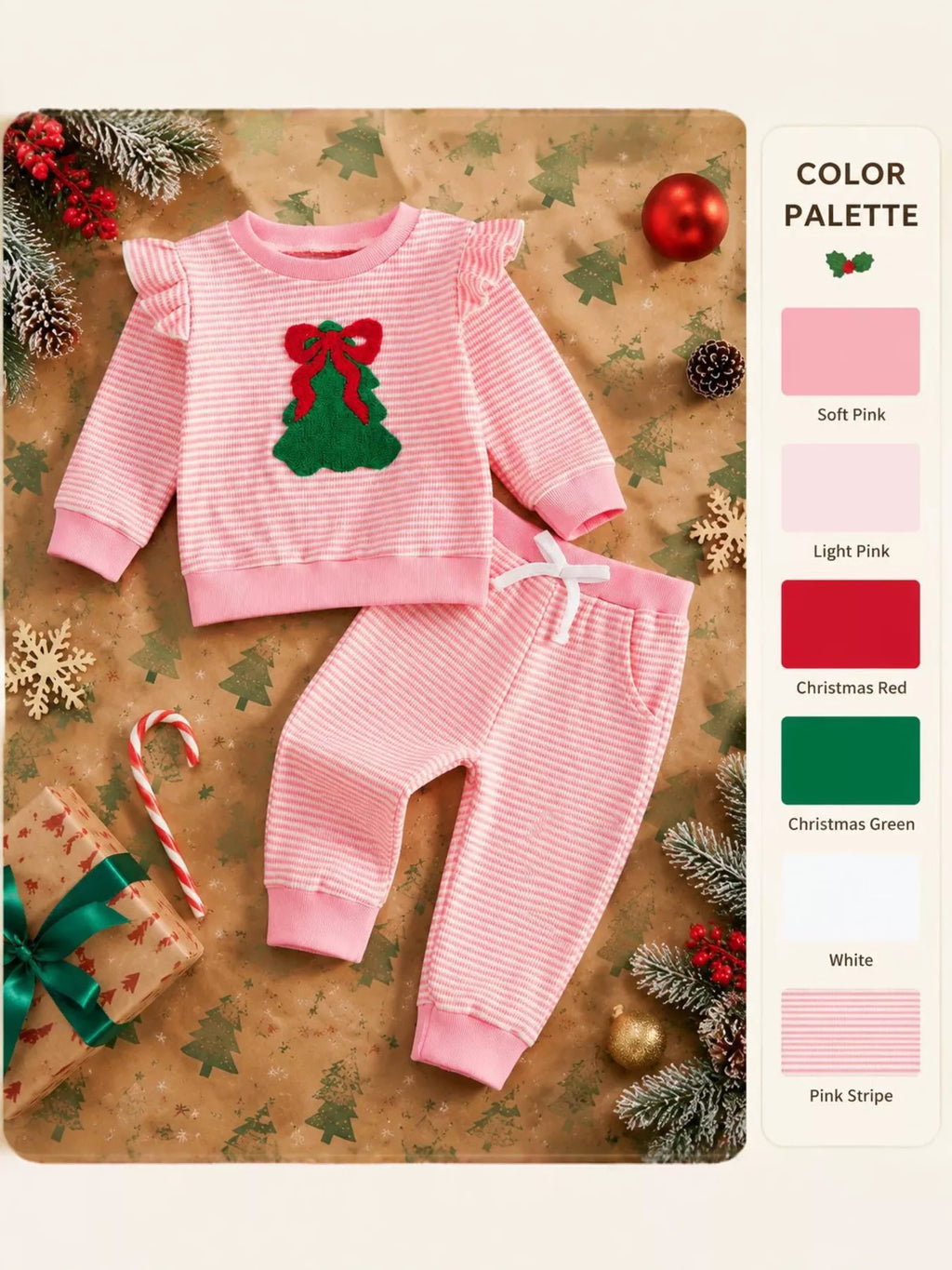 Pink striped Christmas pajama set product collage showing color swatches