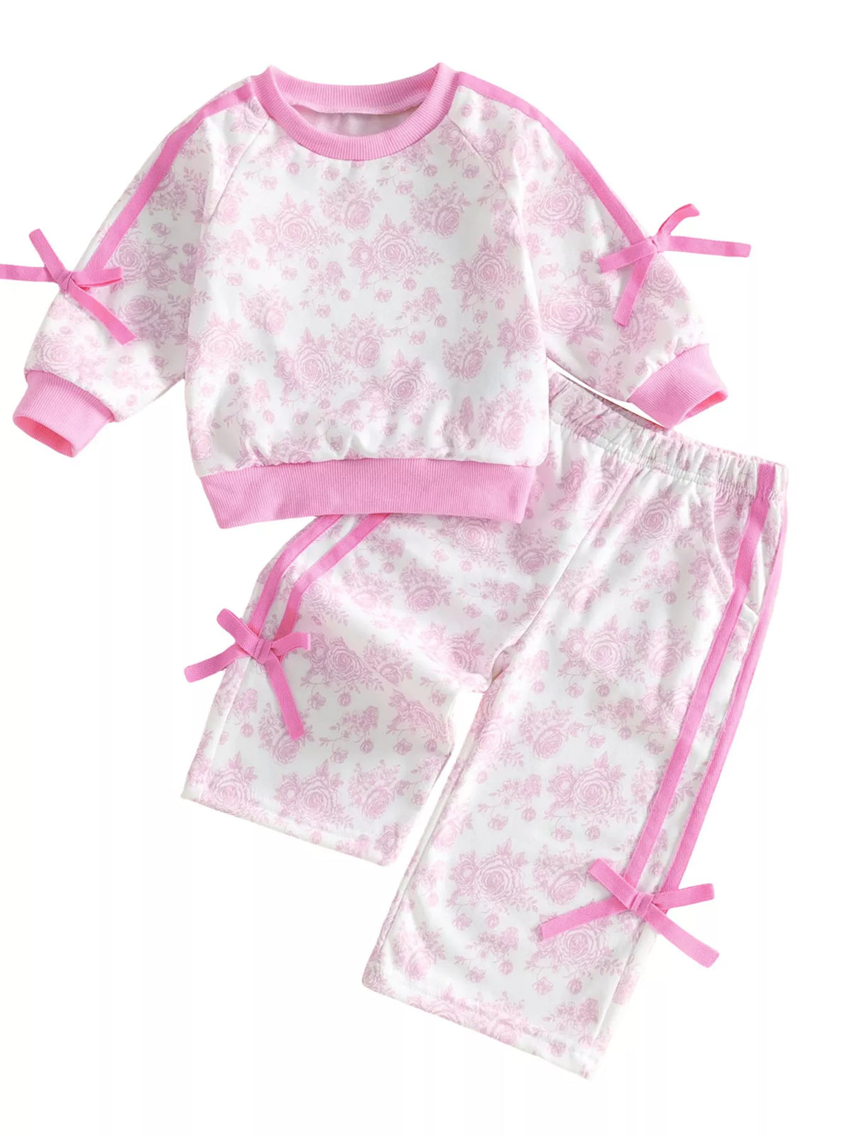 Pink floral-print long-sleeve lounge top and matching pants displayed flat