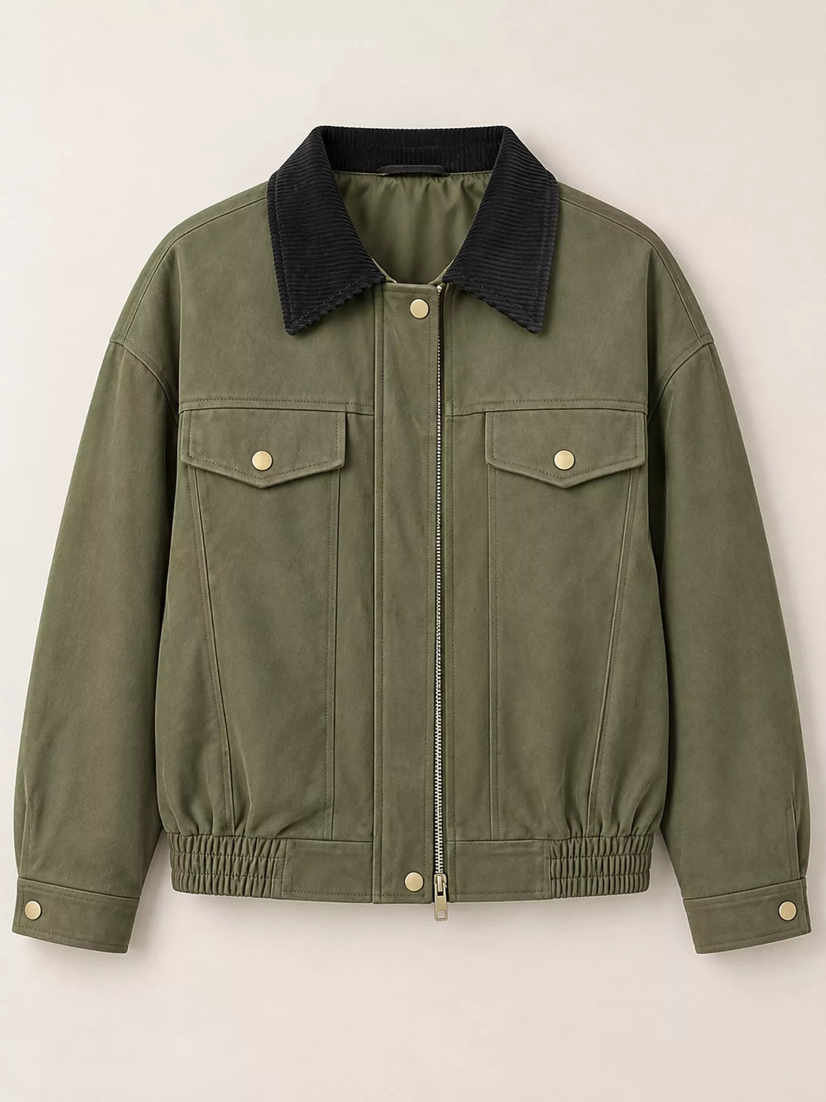Front view of the army-green contrast-collar jacket on a mannequin.