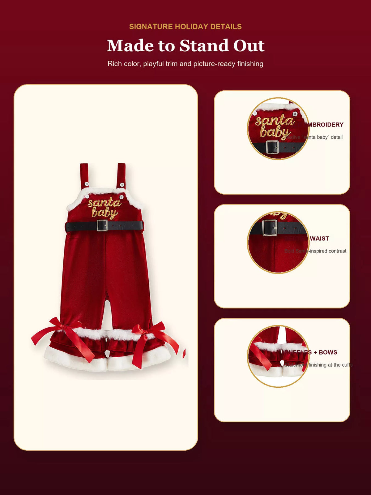 Red Santa Baby overalls with detail insets showing the lettering, belt and white-trimmed legs.
