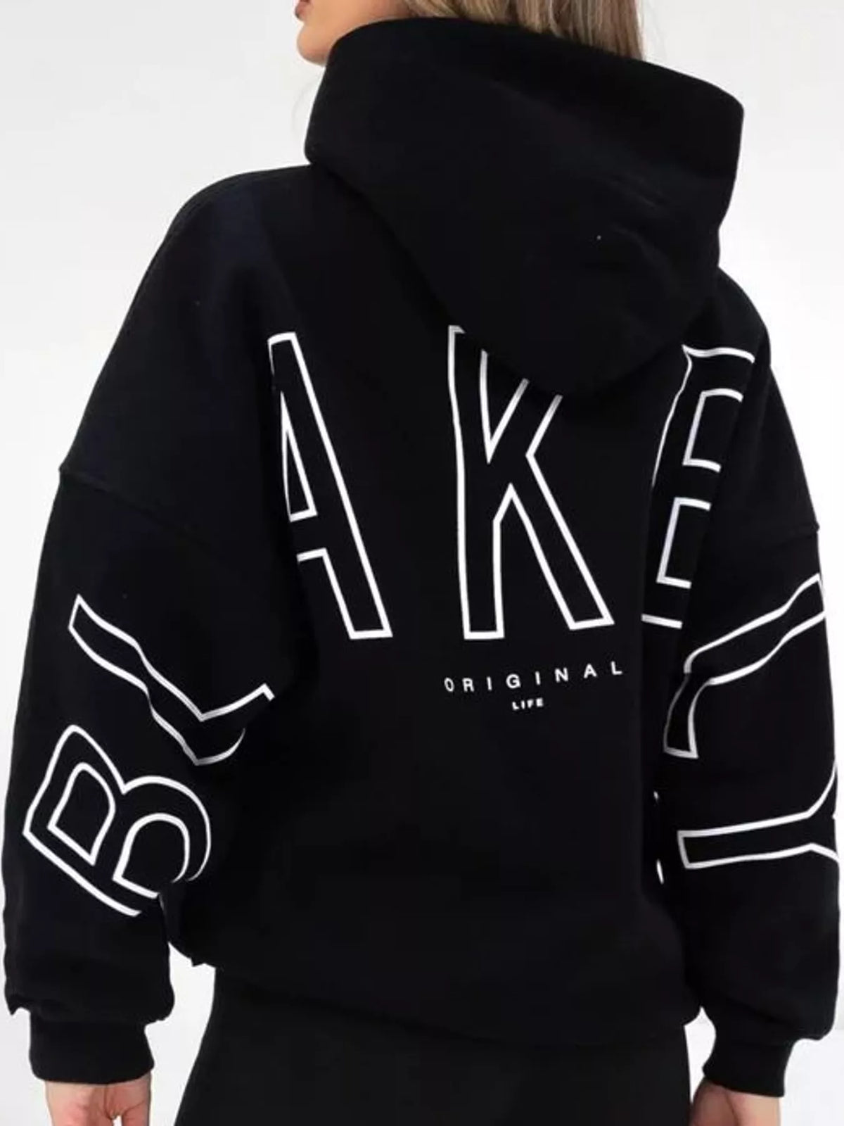 Black letter Back Hoodie with Kangaroo Pocket — back view