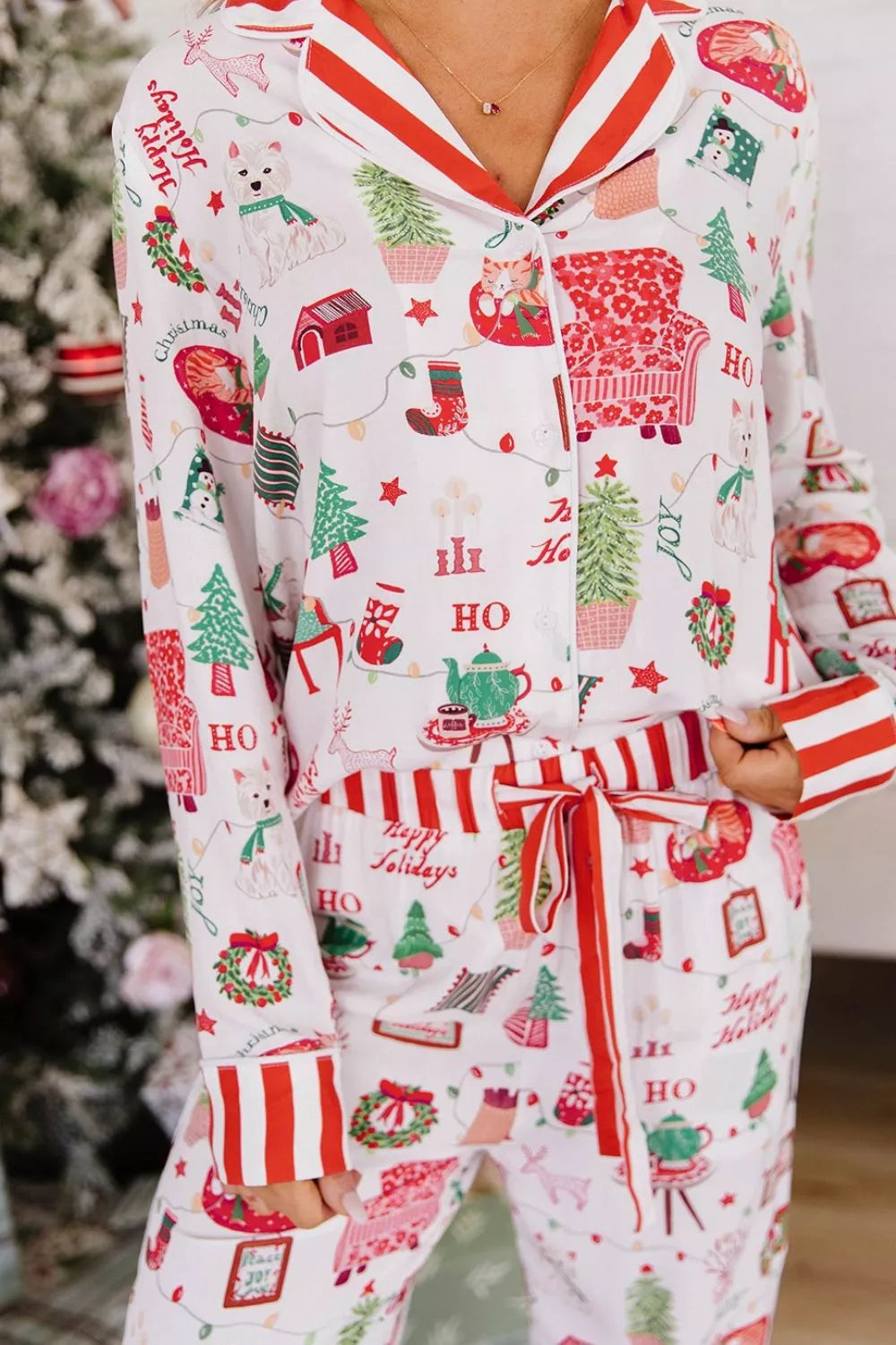 White striped Holiday Long Sleeve Two Piece Shift Home Wear Lounge Set — detail view