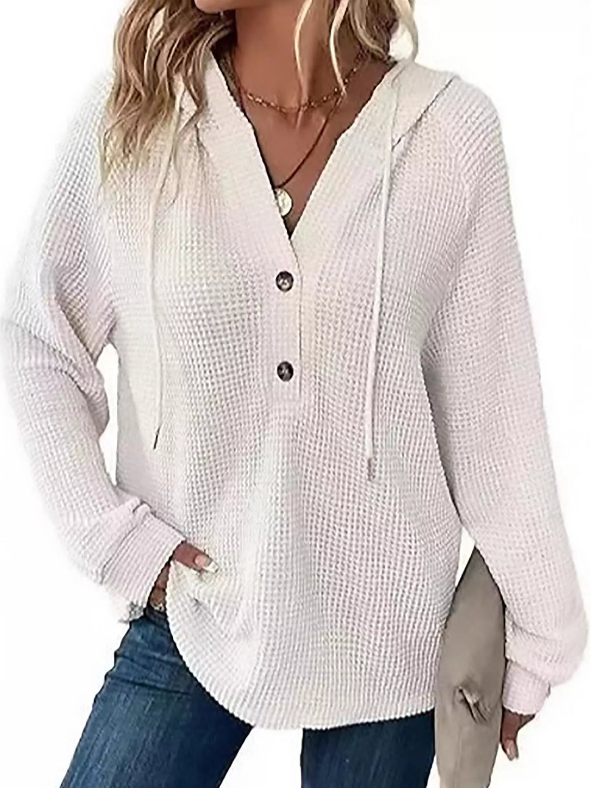 White waffle Knit Button Detail Hoodie