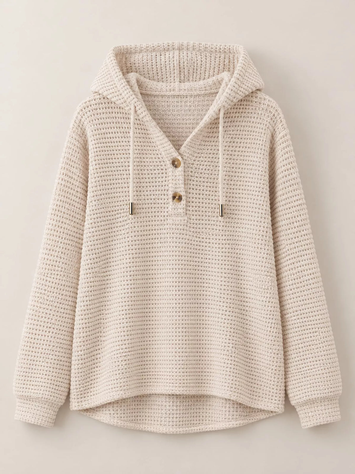 Beige waffle Knit Button Detail Hoodie