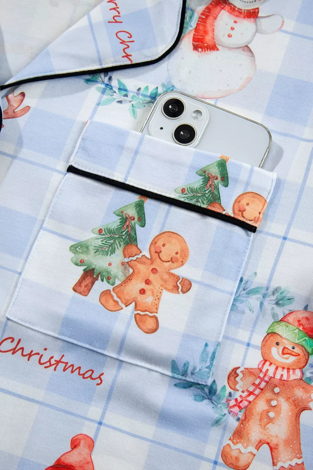 Light blue plaid Cartoon Christmas Pattern Shirt Top 2pcs Pajama Set — detail view