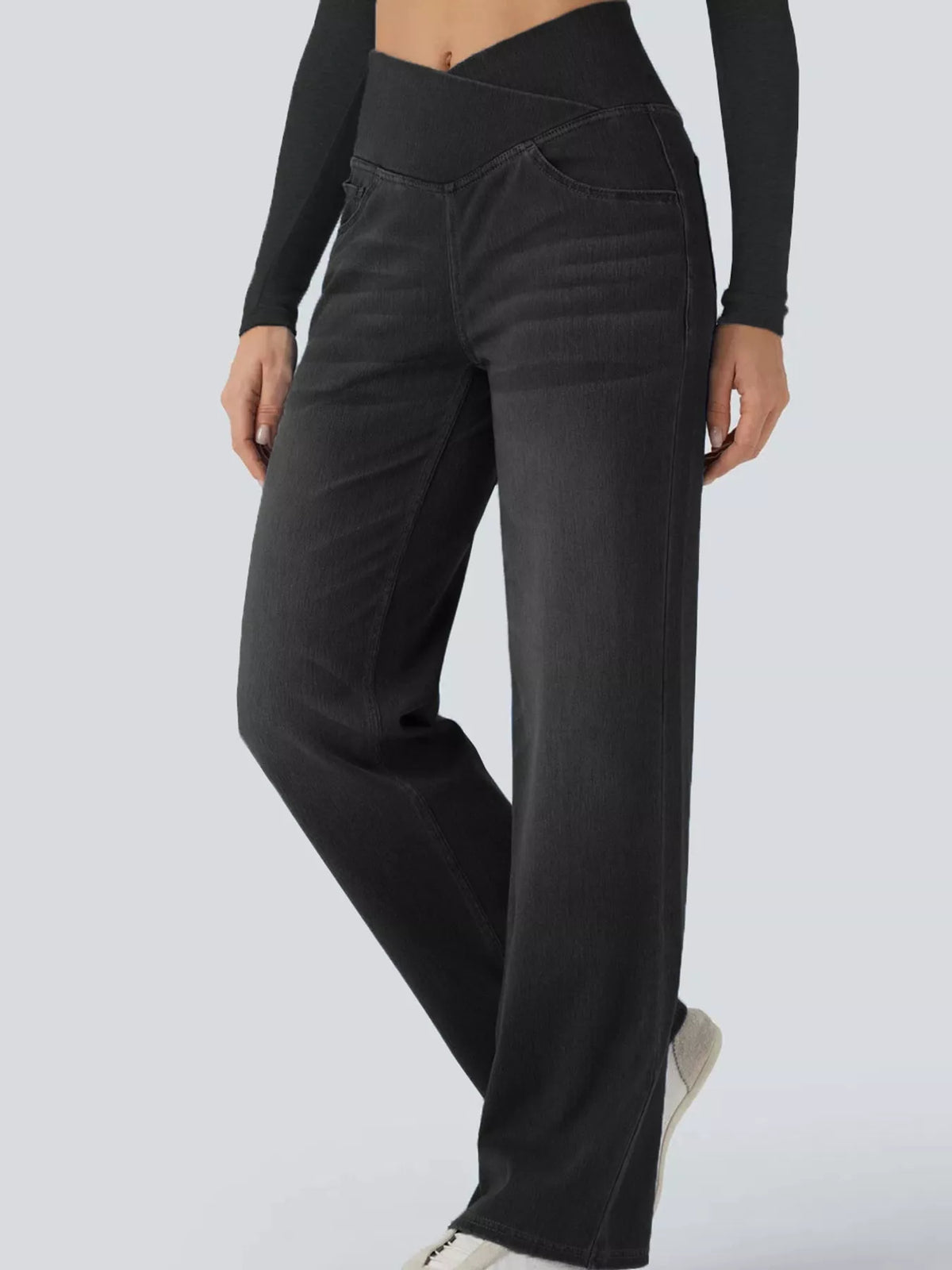 Black high-waisted crossover waistband straight-leg jeans