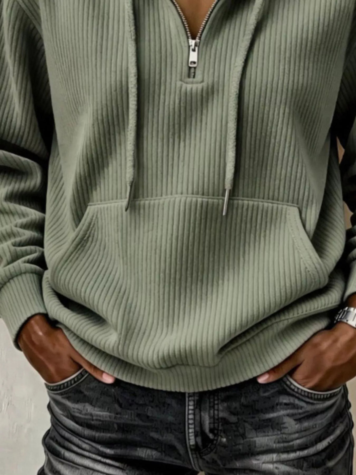 Olive green ribbed Knit Quarter-Zip Hoodie — detail view