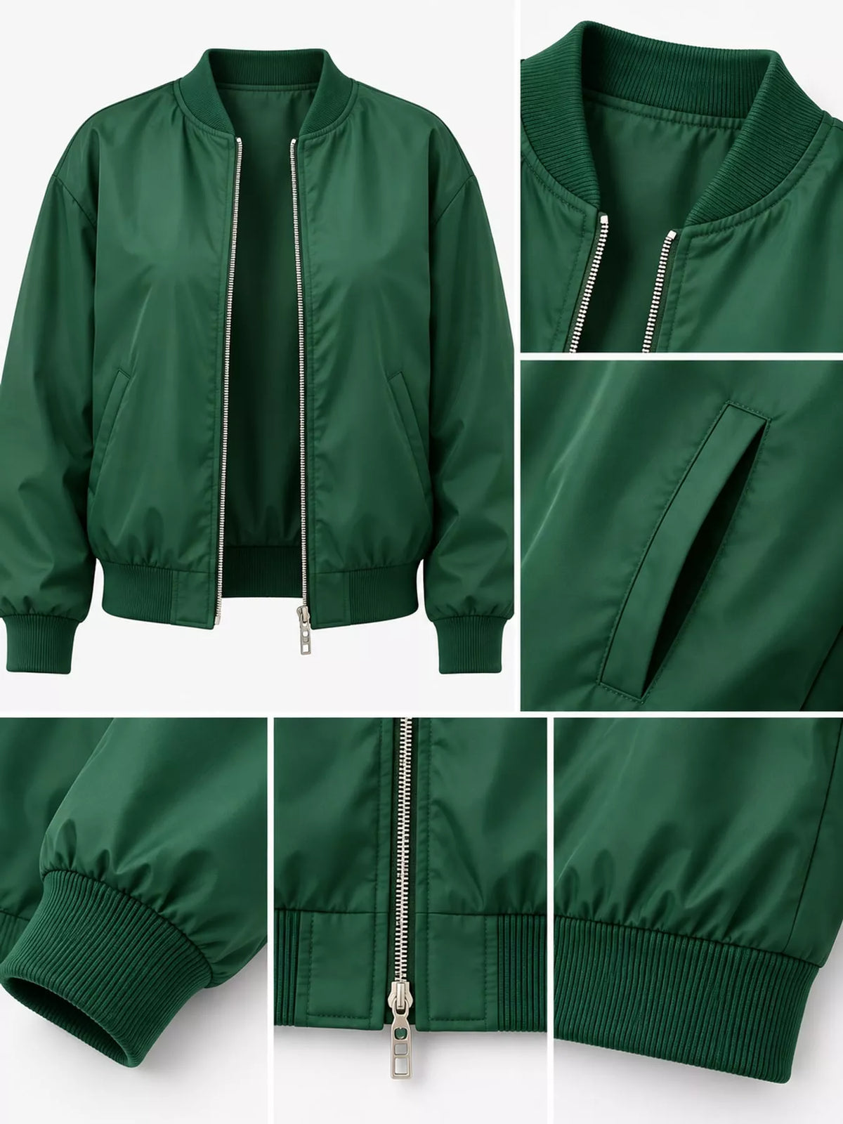 Collage of the green bomber jacket's collar, zipper, pocket, cuff and hem.