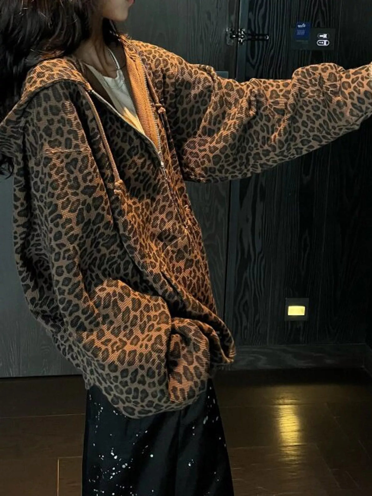 Oversized Leopard Print Zip-Up Hoodie