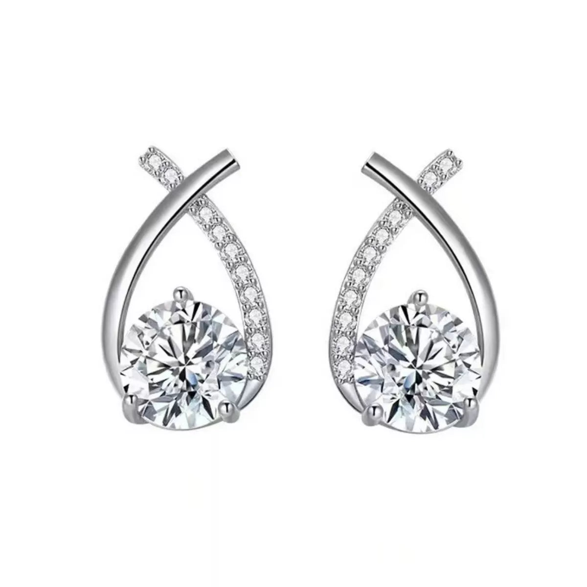 Silver-tone open teardrop earrings with round clear stones — detail view