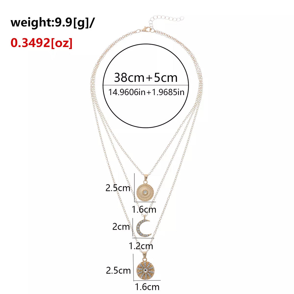 Measurements diagram for layered gold-tone moon and coin pendant necklace