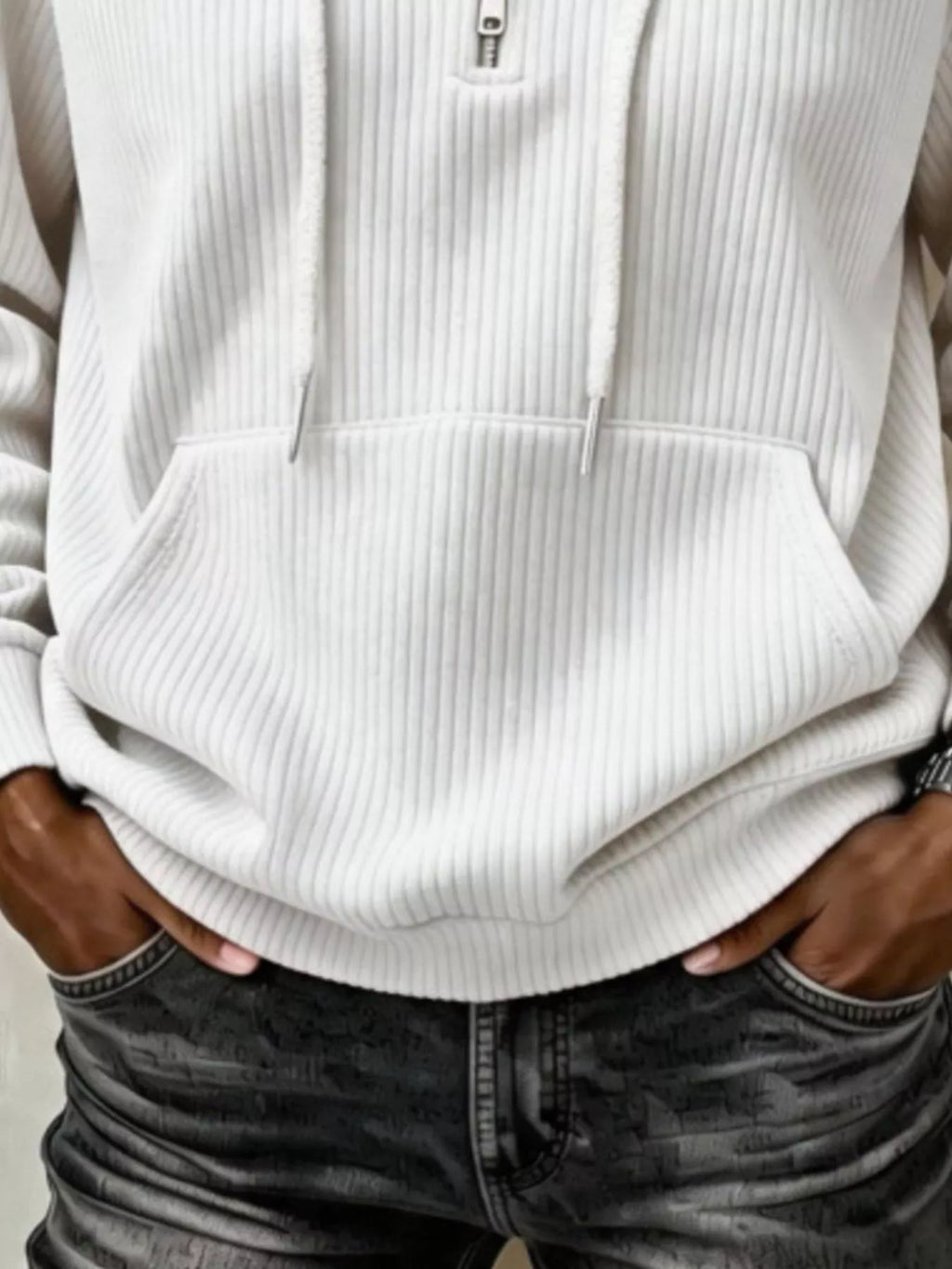 White ribbed Knit Quarter-Zip Hoodie — detail view