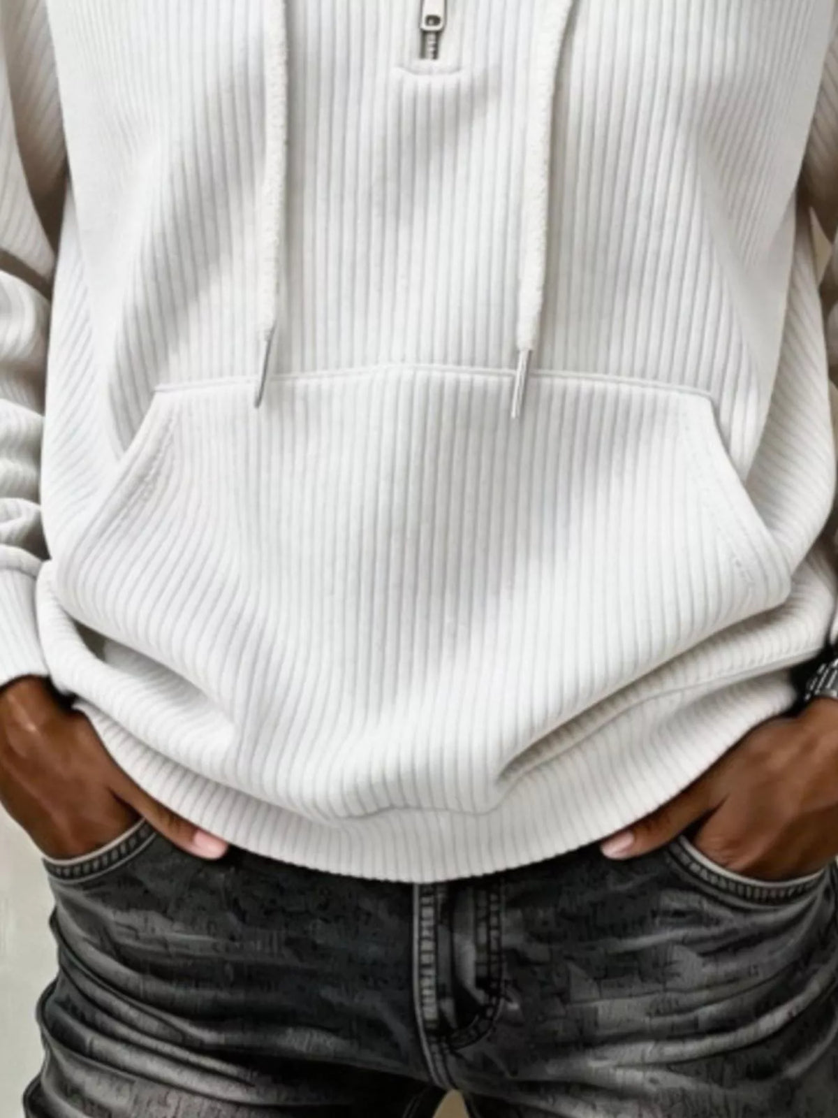 White ribbed Knit Quarter-Zip Hoodie — detail view
