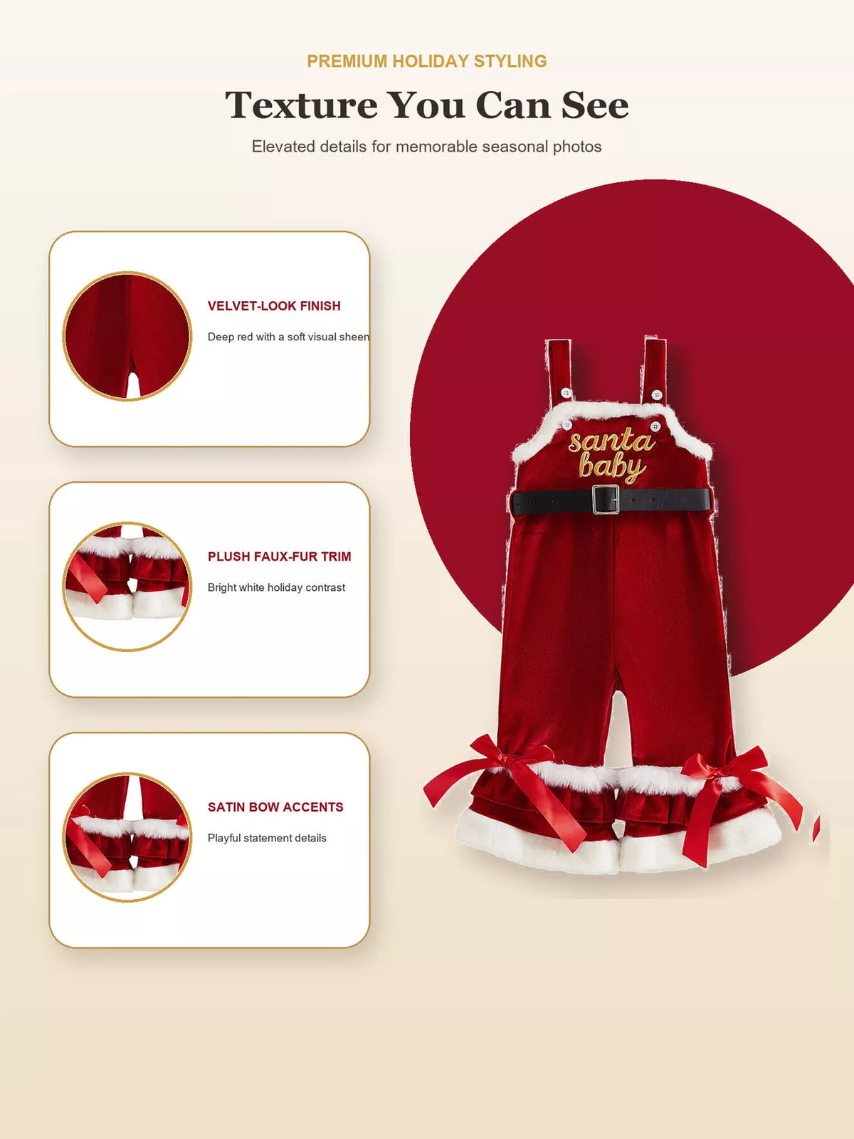 Red Santa Baby overalls with inset close-ups of the fabric, buttons and leg trim.
