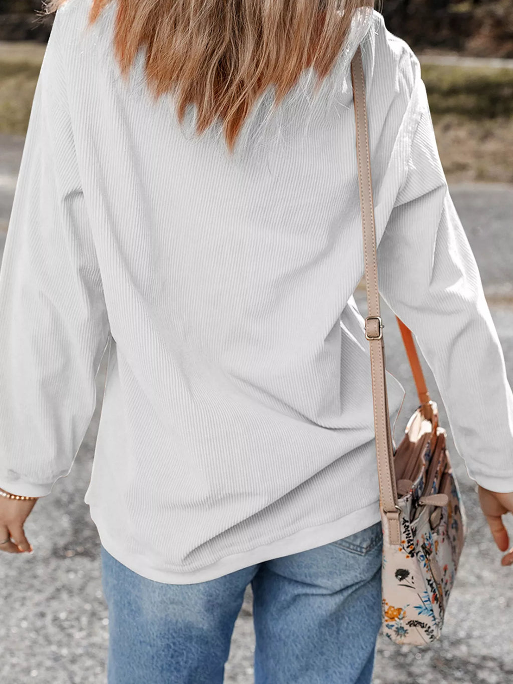 White thankful Pumpkin Ribbed Tunic Pullover Sweatshirt — back view