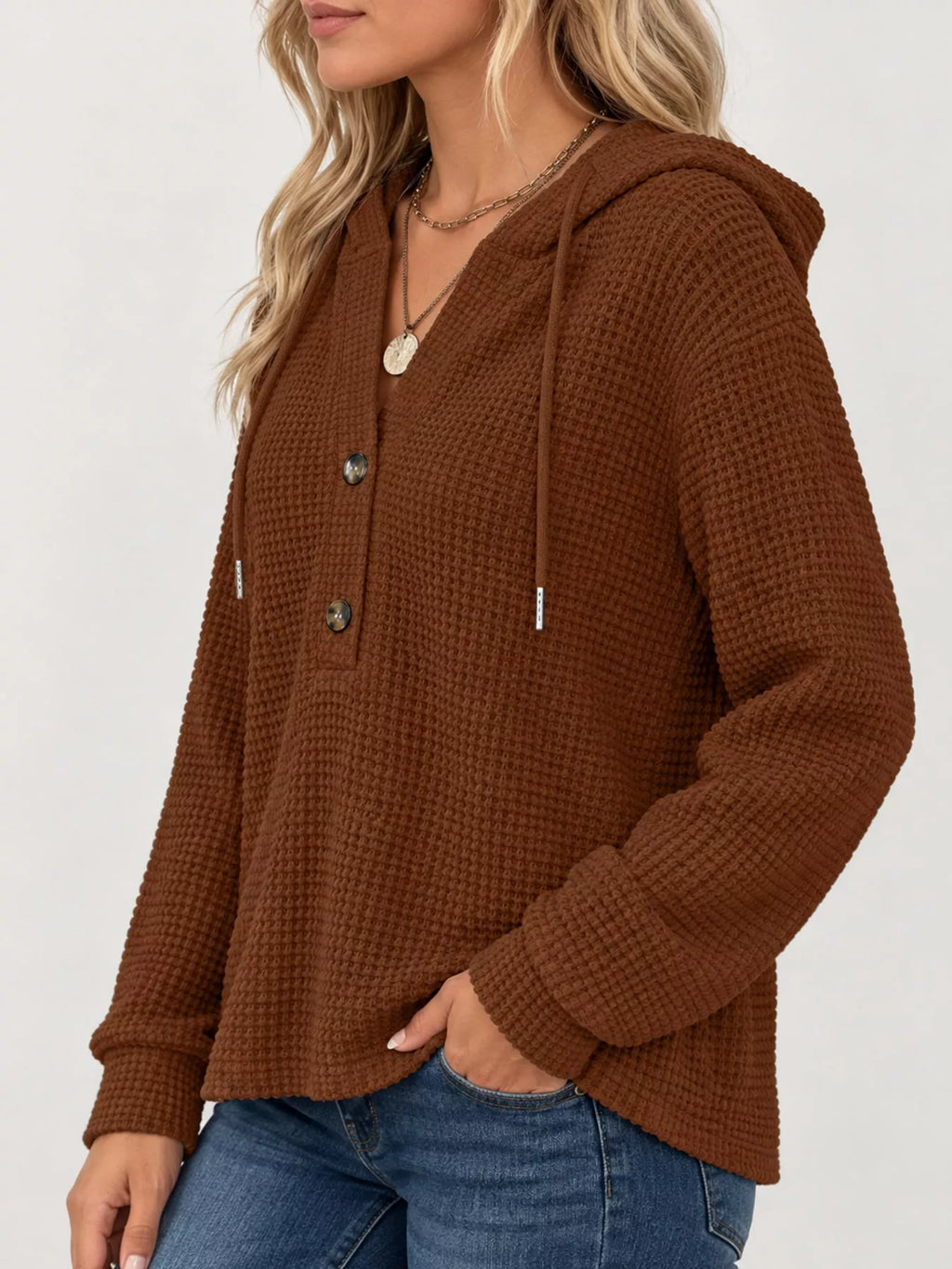 Brown waffle Knit Button Detail Hoodie