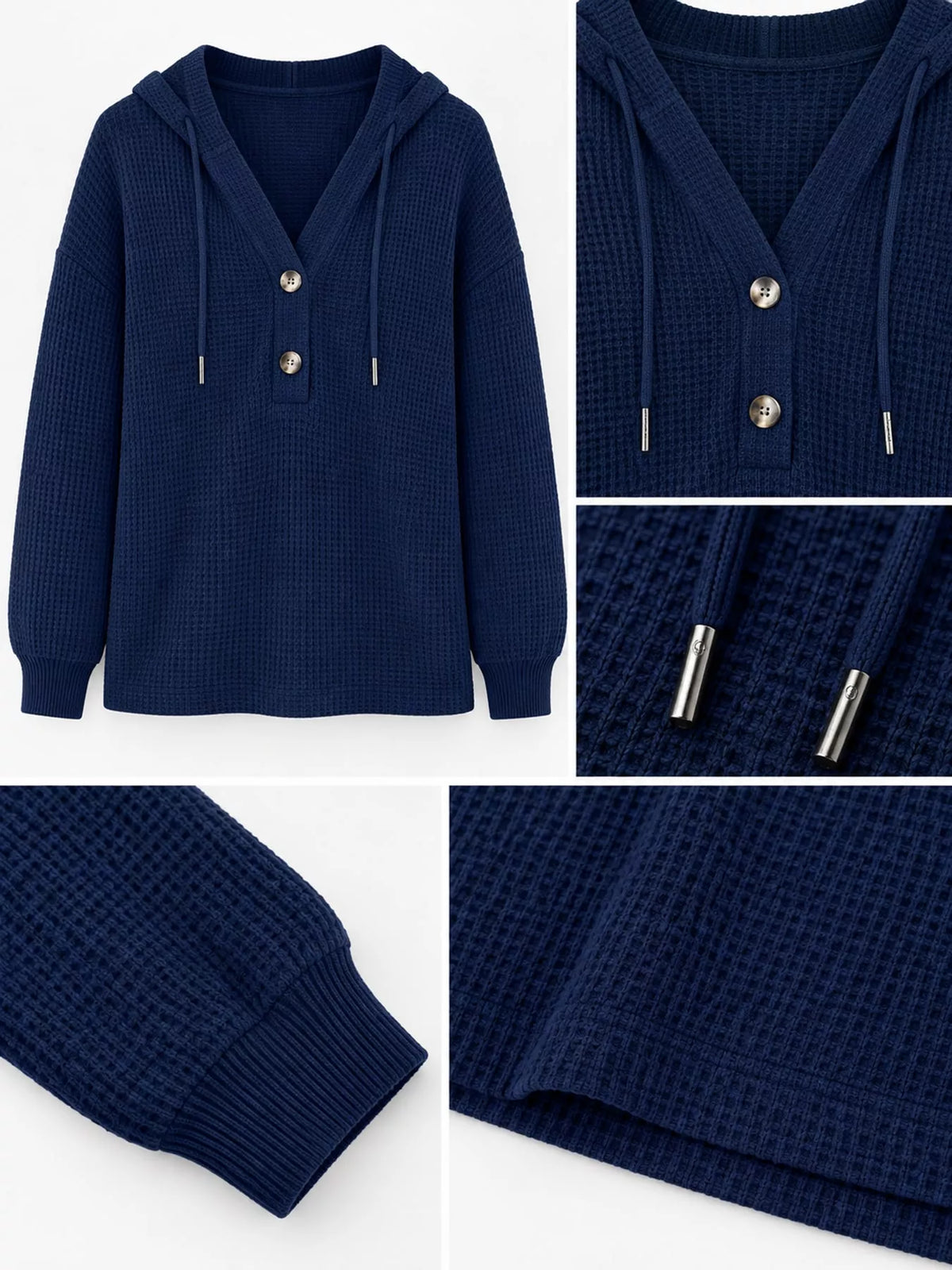 Navy waffle Knit Button Detail Hoodie — detail view