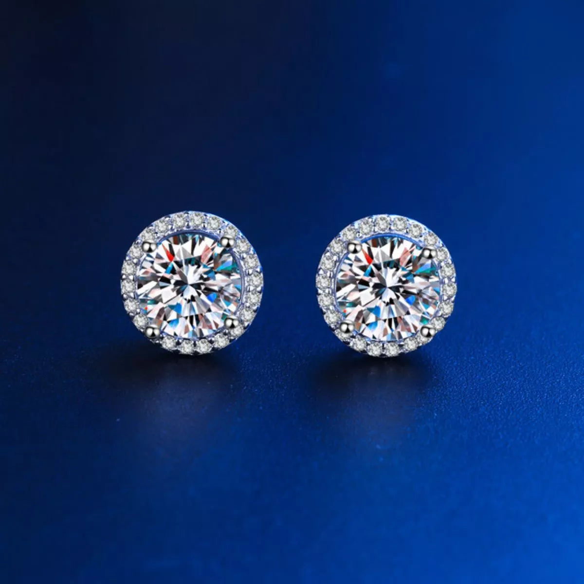 Silver-tone round halo stone stud earrings — detail view