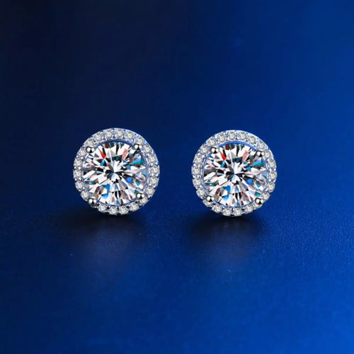 Silver-tone round halo stone stud earrings — detail view