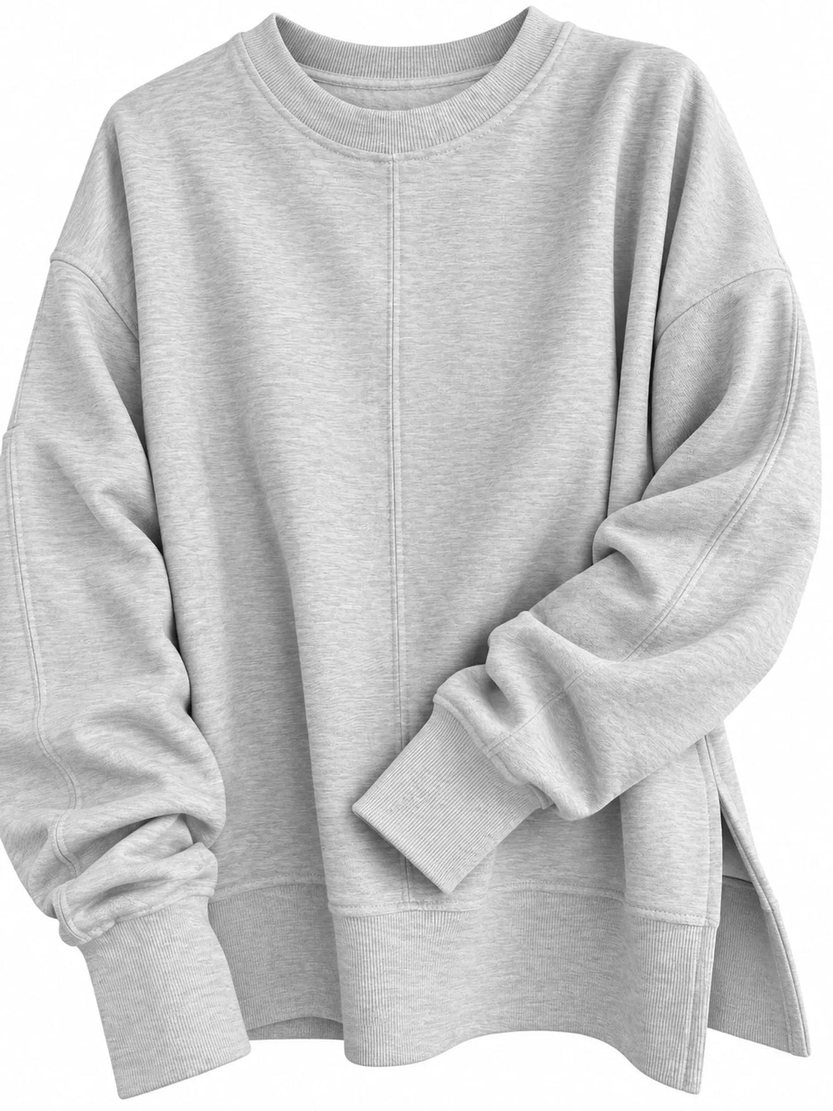 Light gray oversized Crew Neck Sweatshirt with Side Slit — detail view