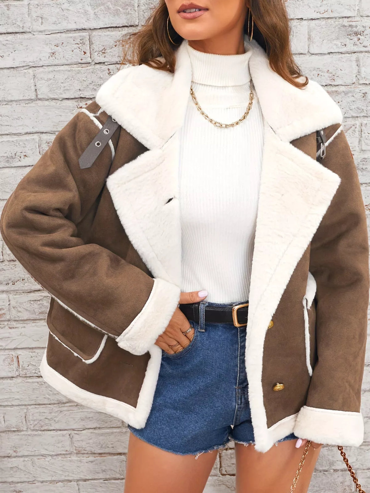 Brown jacket with wide white plush lapels, contrast trim and front pockets, front view modeled with a hand at the hip.