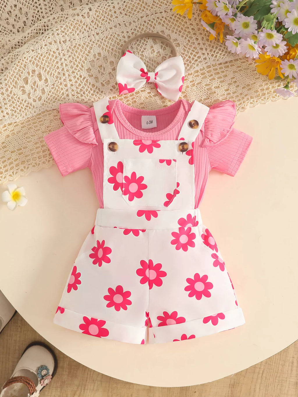 Pink ruffle-sleeve baby bodysuit with white pink-floral short overalls and matching bow headband.