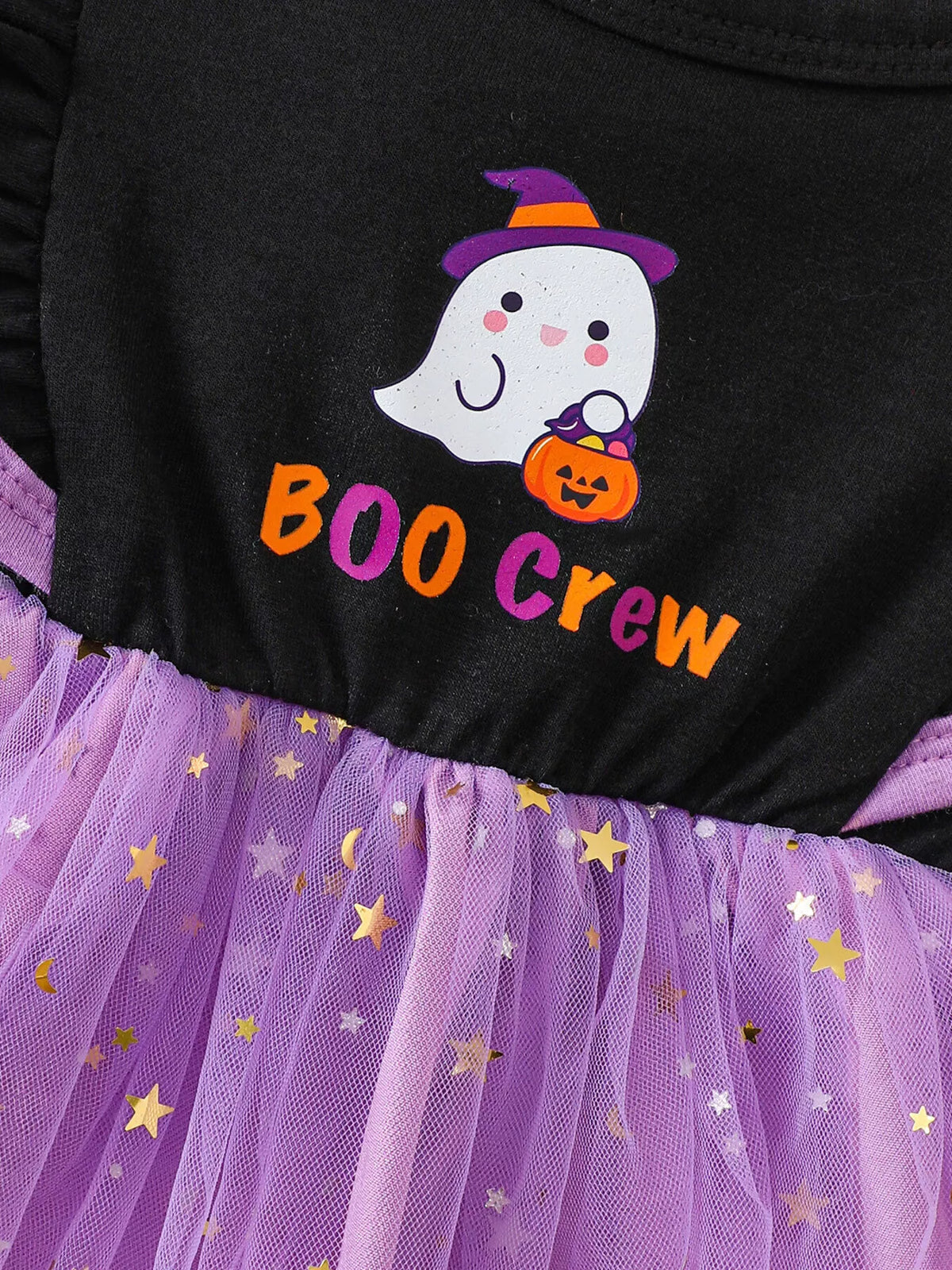 Detail of the Boo Crew lettering, ghost and purple tulle waist.