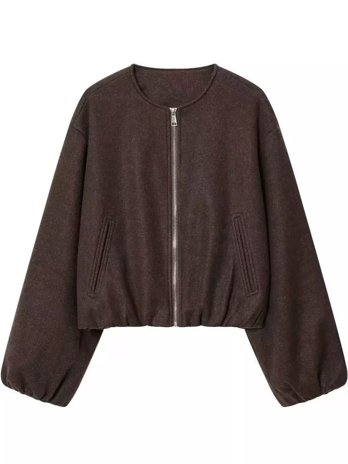 Coffee-brown round-neck zip-up jacket with gathered hem and sleeves, front view.