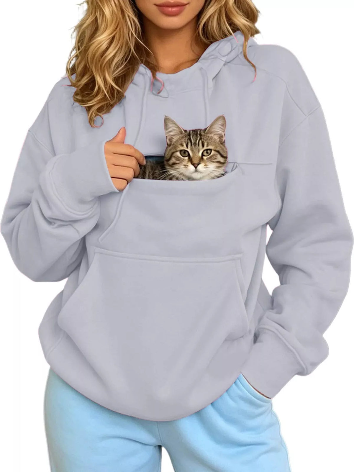 Gray cat Pouch Drawstring Hoodie