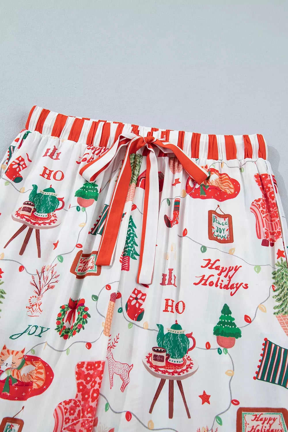 White striped Holiday Long Sleeve Two Piece Shift Home Wear Lounge Set — detail view