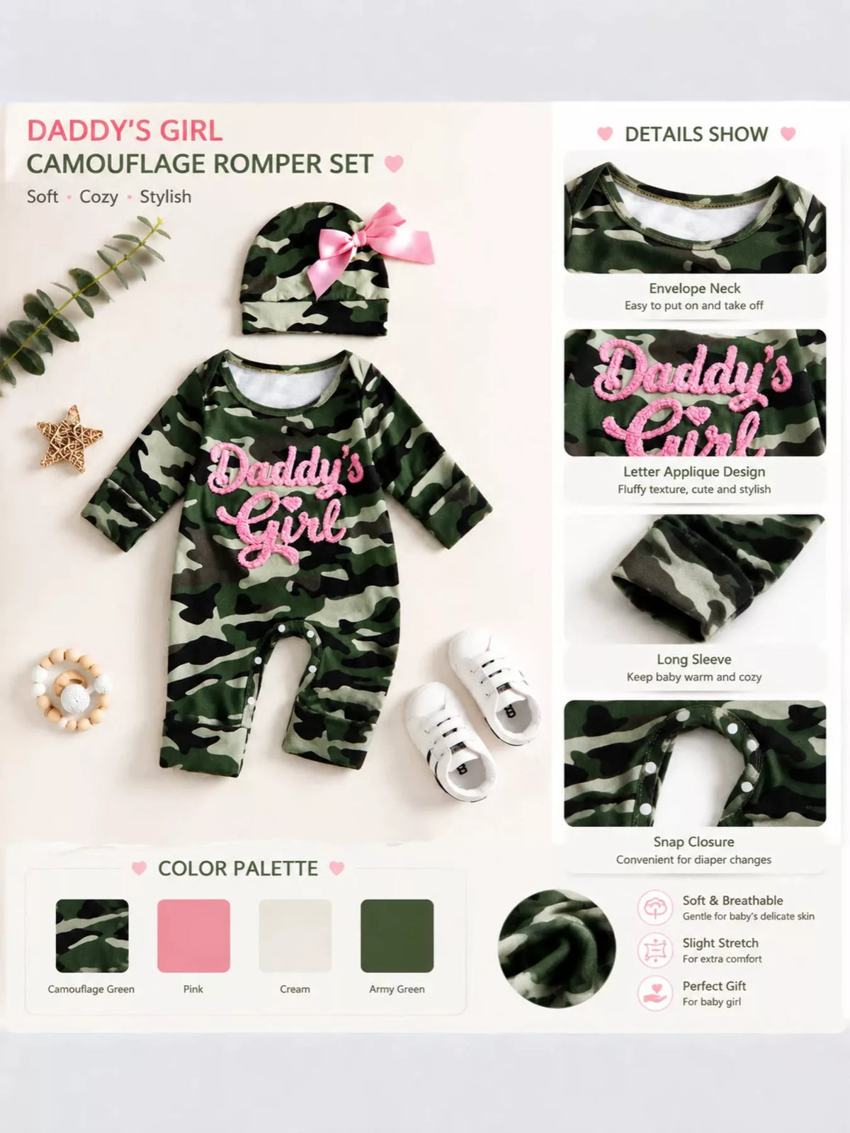 Camouflage jumpsuit and hat product collage showing available color swatches