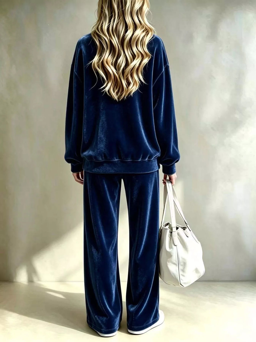 Navy dropped Shoulder Velvet Top and Wide Leg Pants Set — back view